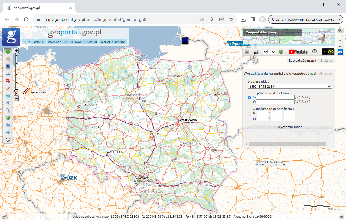 Zdjęcie przedstawia zrzut ekranu z serwisu www.geoportal.gov.pl przedstawiający wyszukiwanie miejsc po współrzędnych.