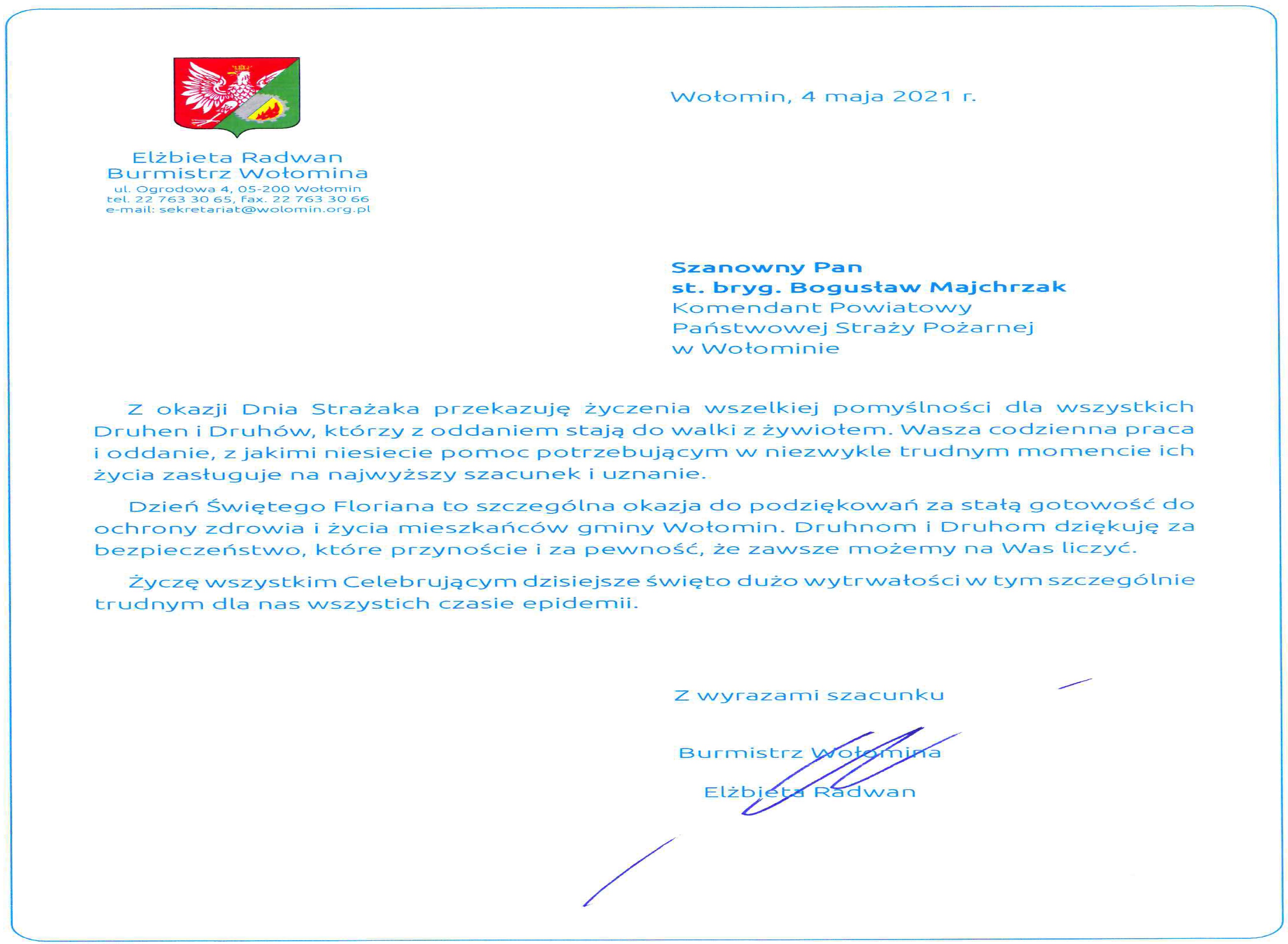 List z okazji Dnia Strażaka - Burmistrz Wołomina