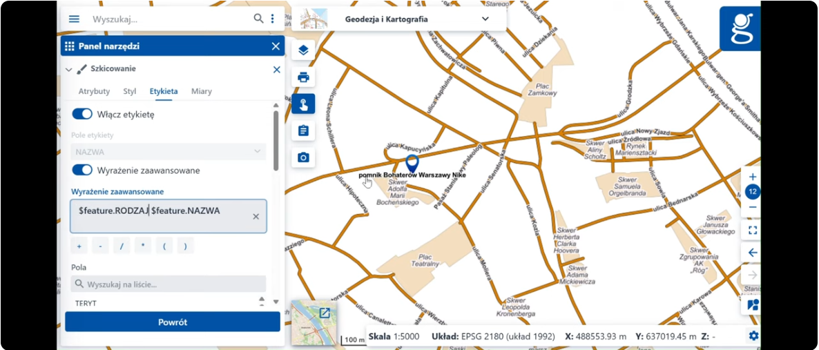 Zrzut ekranu z serwisu Geoportal pokazujący jeden z etapów wyznaczania trasy