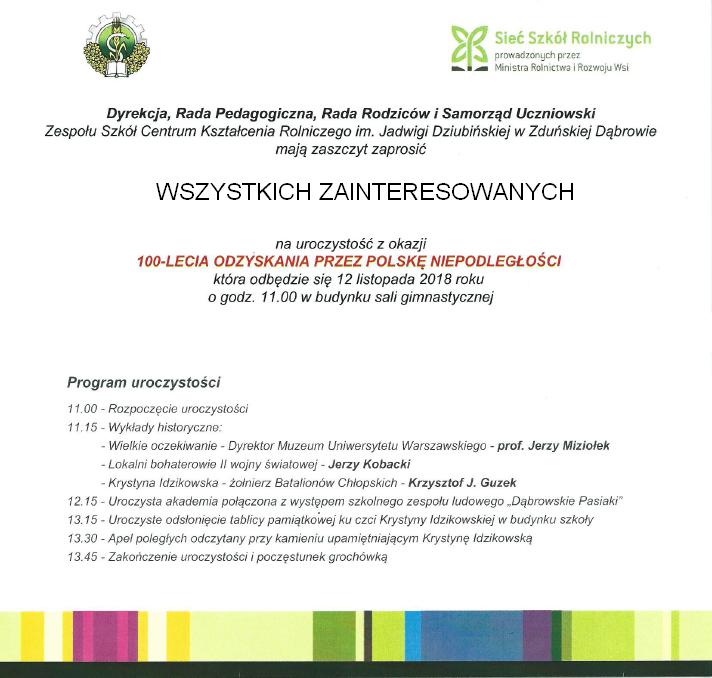 OBCHODY 100-LECIA ODZYSKANIA PRZEZ POLSKĘ NIEPODLEGŁOŚCI – 12 LISTOPADA 2018 ROKU