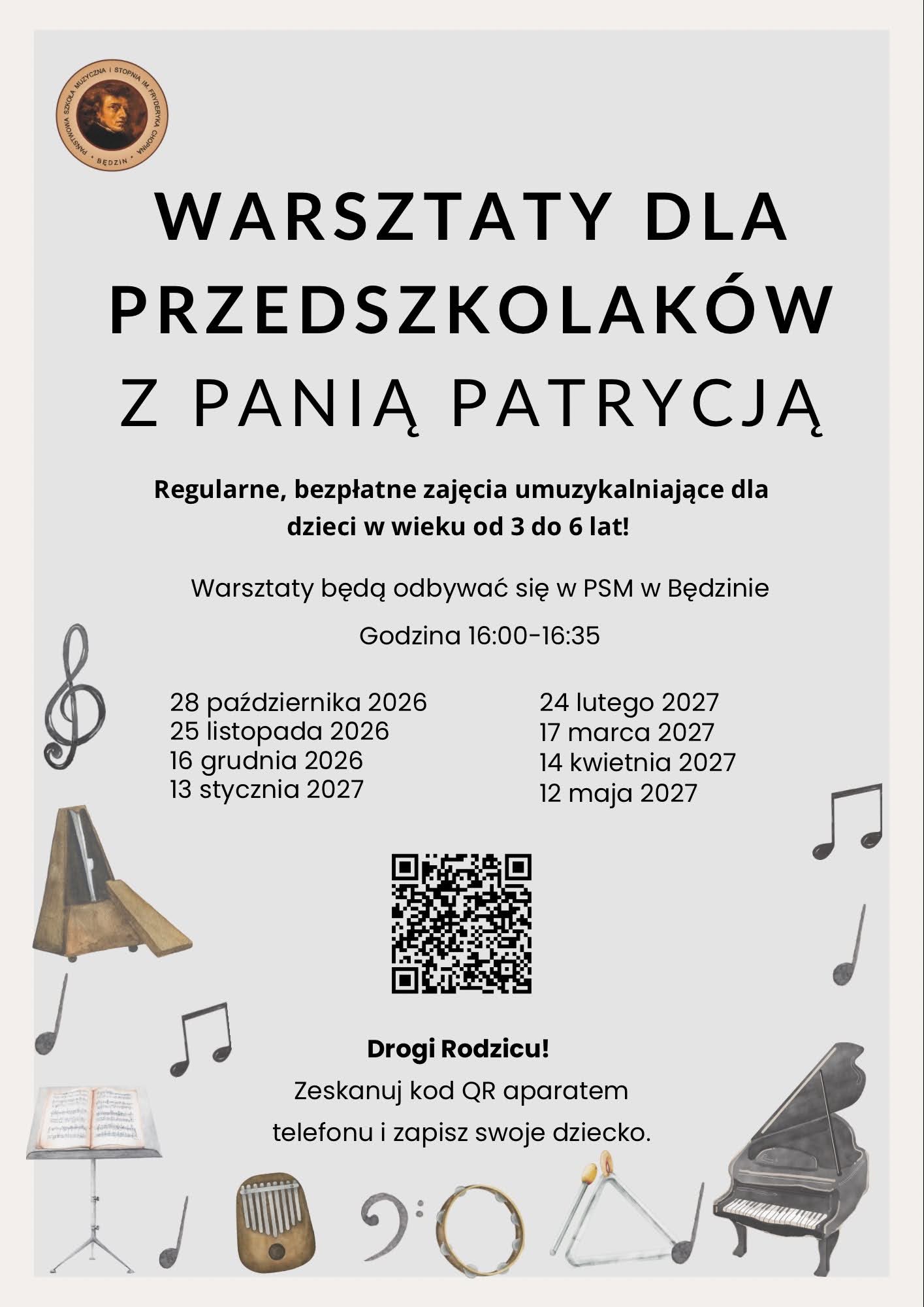 plakat na szarym tle, na środku informacja o warsztatach, wokół ikony instrumentów