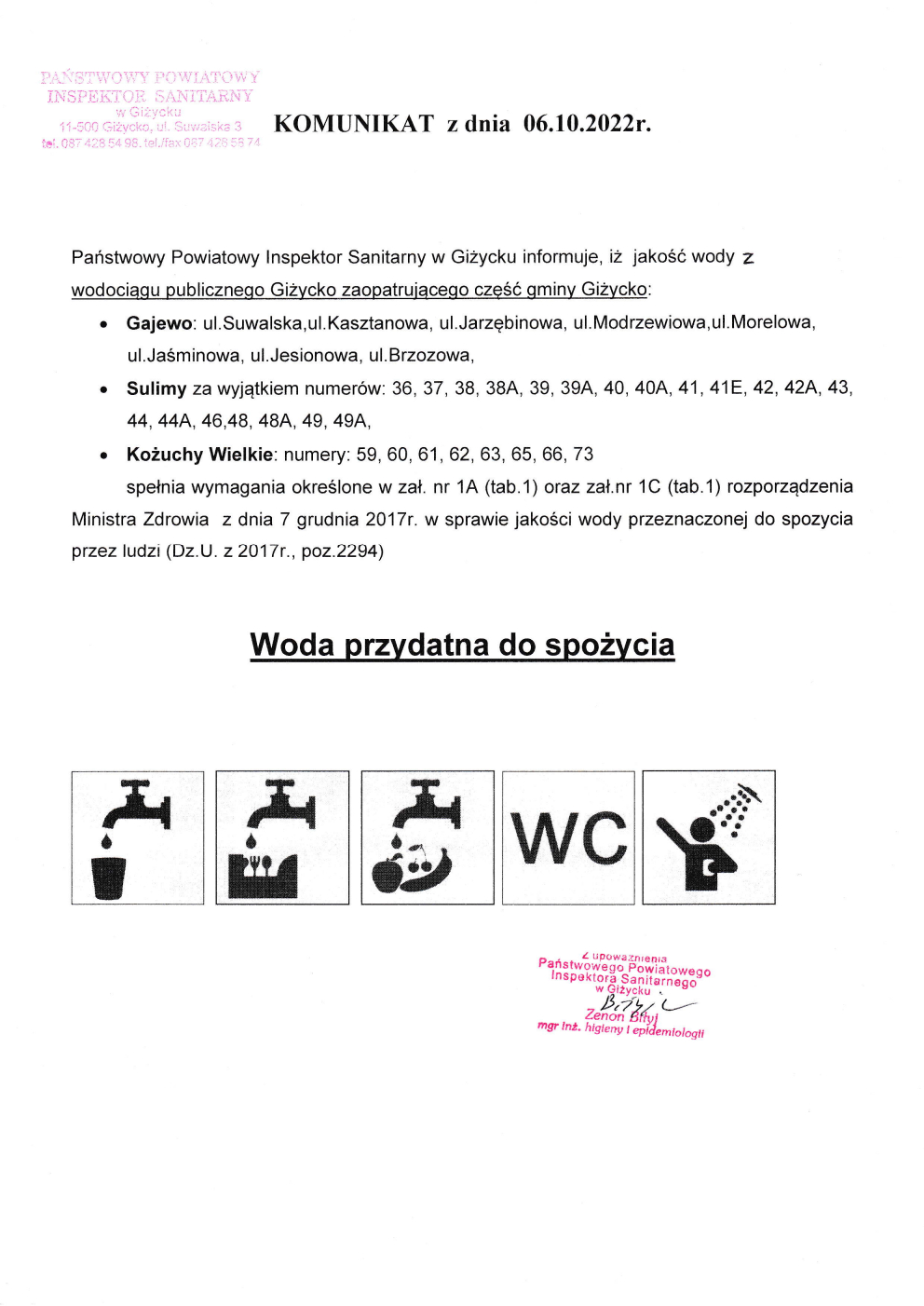 Komunikat z dnia 06.10.2022 (dot. wodociągu publicznego Giżycko)