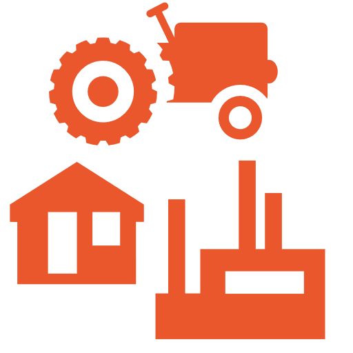 Logo tematu Zagospodarowanie przestrzenne w INSPIRE. Trzy pomarańczowe ikony obok siebie: traktora, domu i fabryki.