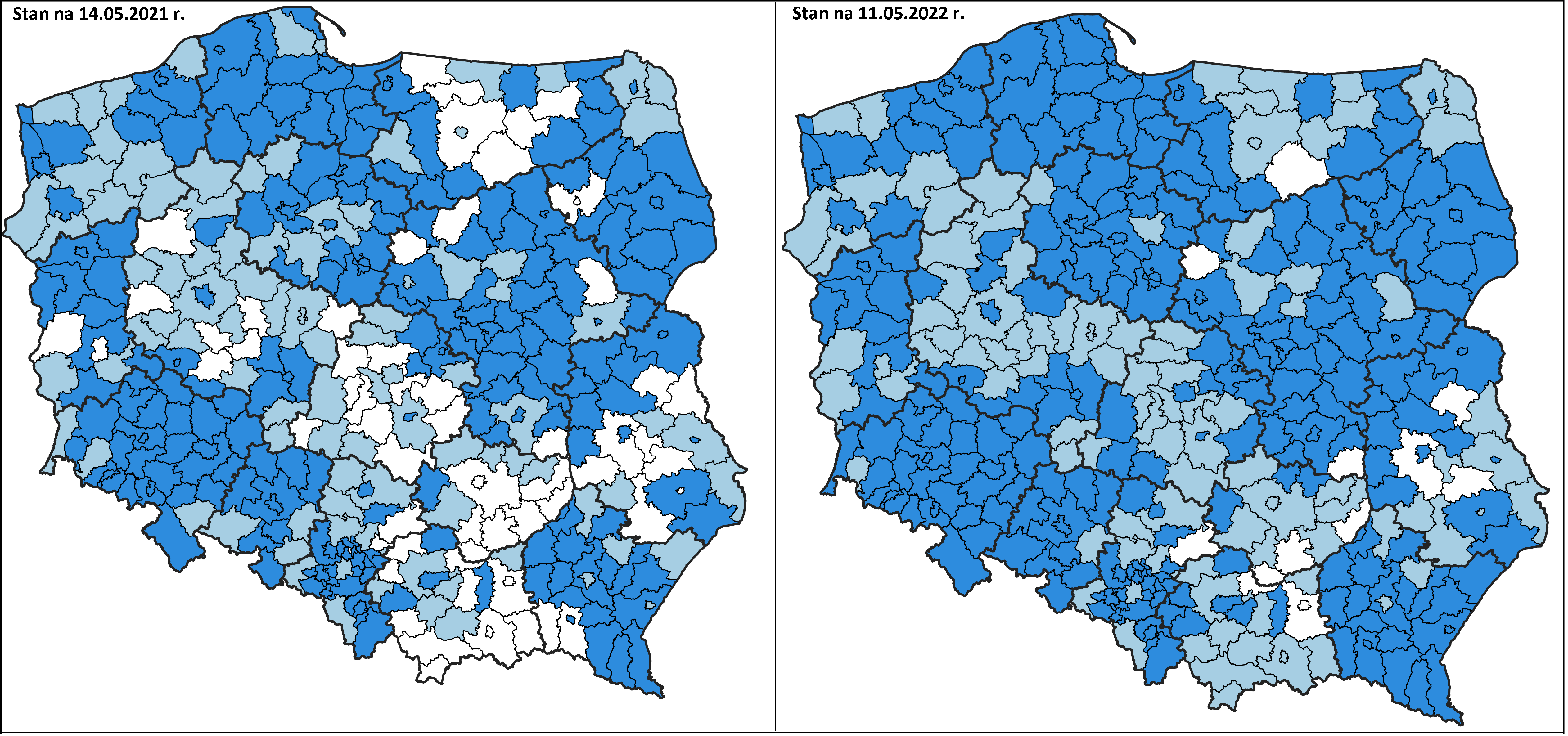 Ilustracja przedstawia zestawione obok siebie 2 mapy Polski z oznaczonym kolorystycznie stanem wdrażania układu PL-EVRF2007-NH w powiatach po lewej stronie wg stanu na dzień 14 maja 2021 roku, wg stanu na dzień 11 maja 2022 roku po prawej stronie.