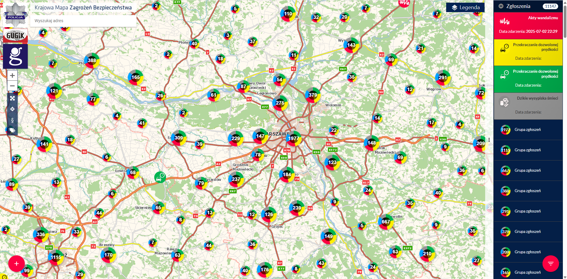 Ilustracja przedstawia zrzut ekranu z obecnej wersji aplikacji Krajowa Mapa Zagrożeń Bezpieczeństwa.