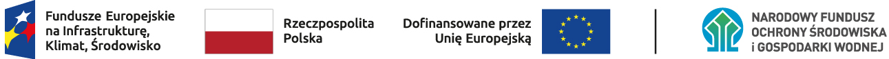 Ciąg logotypów: Fundusze Europejskie na Infrastrukturę, Klimat, Środowisko, flaga Rzeczypospolita Polska, flaga UE i Dofinansowane przez UE, NFOŚiGW.