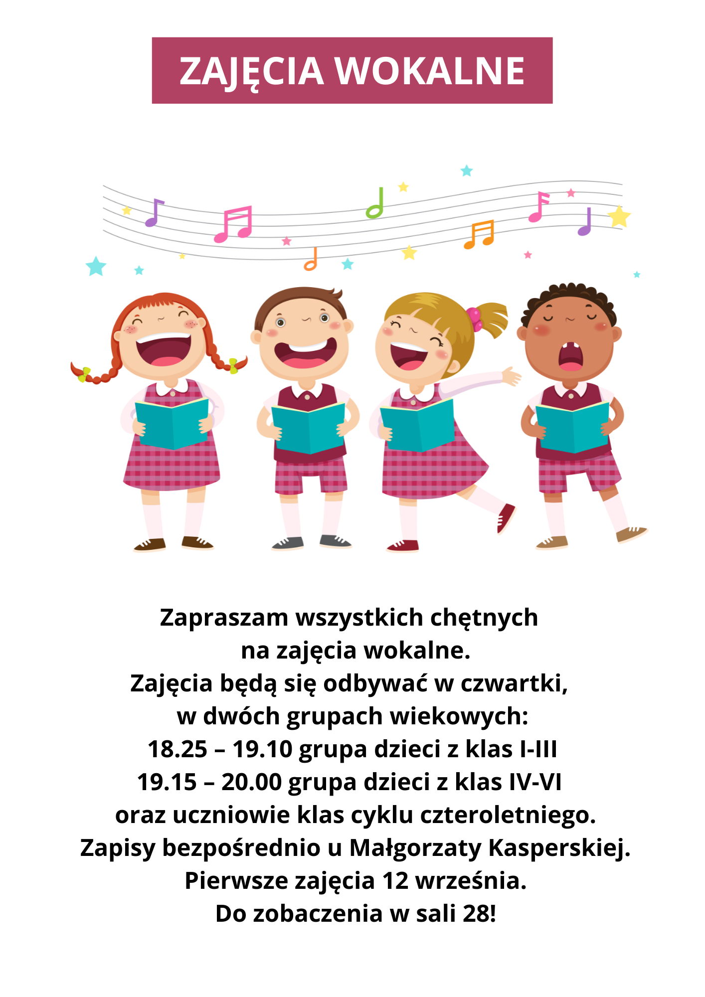 Na białym tle grafika przedstawiająca czwórkę śpiewających dzieci, nad nimi pięciolinia i fioletowy prostokąt z białym tekstem "zajęcia wokalne". Pod spodem tekst informujący o zajęciach wokalnych.