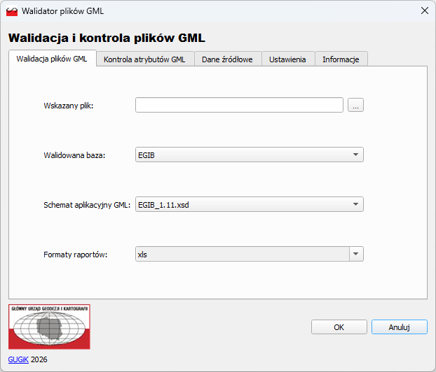 Ilustracja przedstawia zrzut okna wtyczki Walidator plików GML w oprogramowaniu QGIS - zakładki Walidacja plików GML