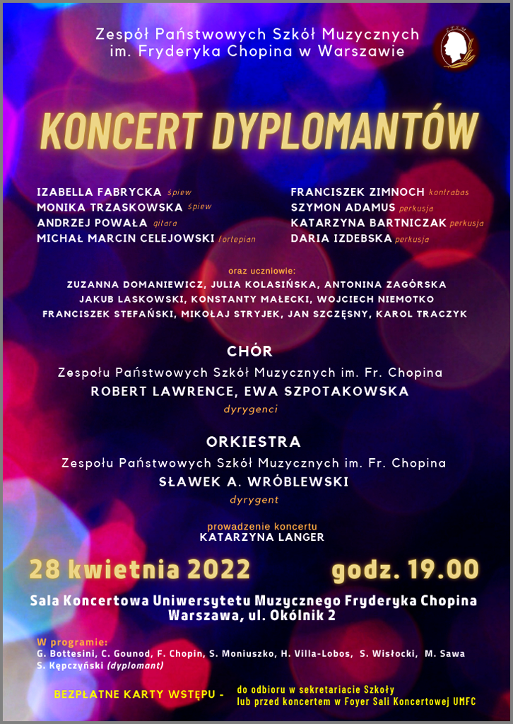 Afisz - grafika na kolorowym tle z napisem - Koncert dyplomatów, 28 kwietnia 2022 godz 19.00, sala koncertowa UMFC