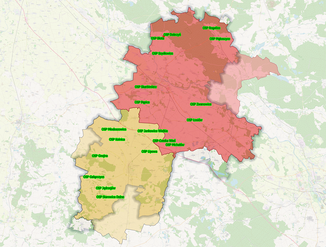 Zdjęcie przedstawia mapę jednostek Ochotniczych Straży Pożarnych niewłączonych do Krajowego Systemu Ratowniczo-Gaśniczego na terenie powiatu brzeskiego (woj. opolskie).