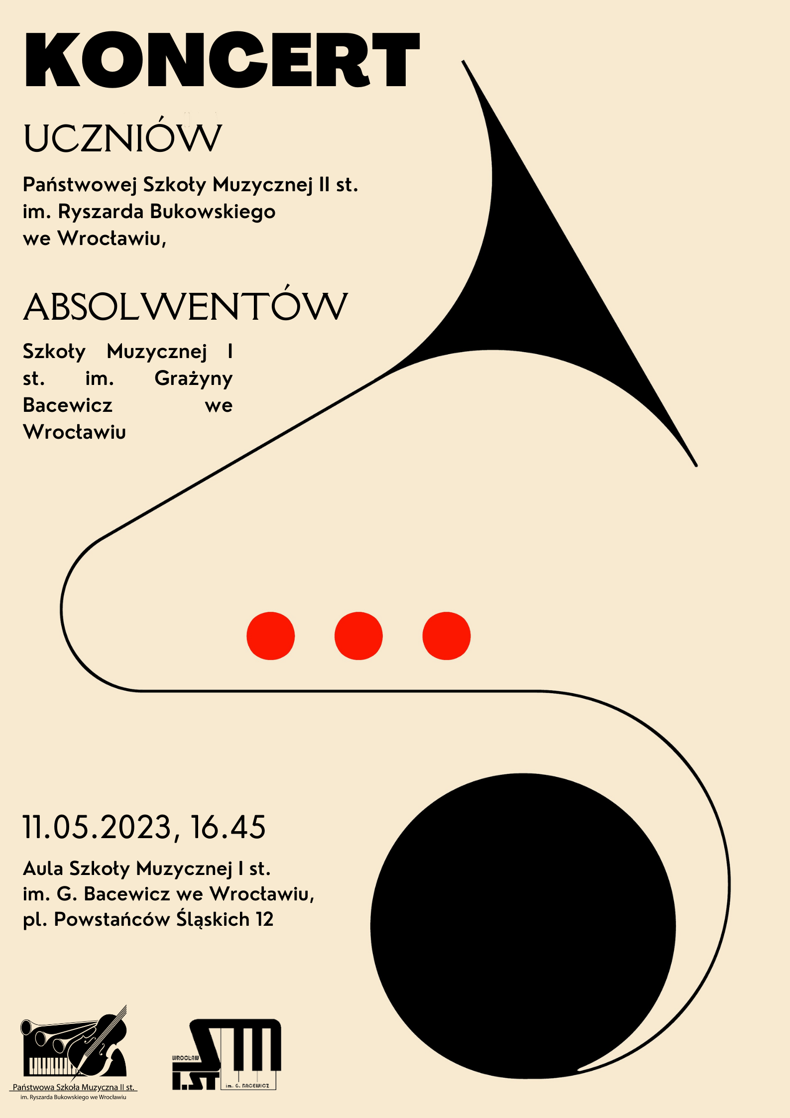 Plakat informujący o koncercie uczniów Państwowej Szkoły Muzycznej II stopnia we Wrocławiu . Na kremowym tle czarny element graficzny przedstawijący trąbkę Z lewej strony tekst w kolorze czarnym. w dolnym lewym rogu logo PSM II st. i SM I st.