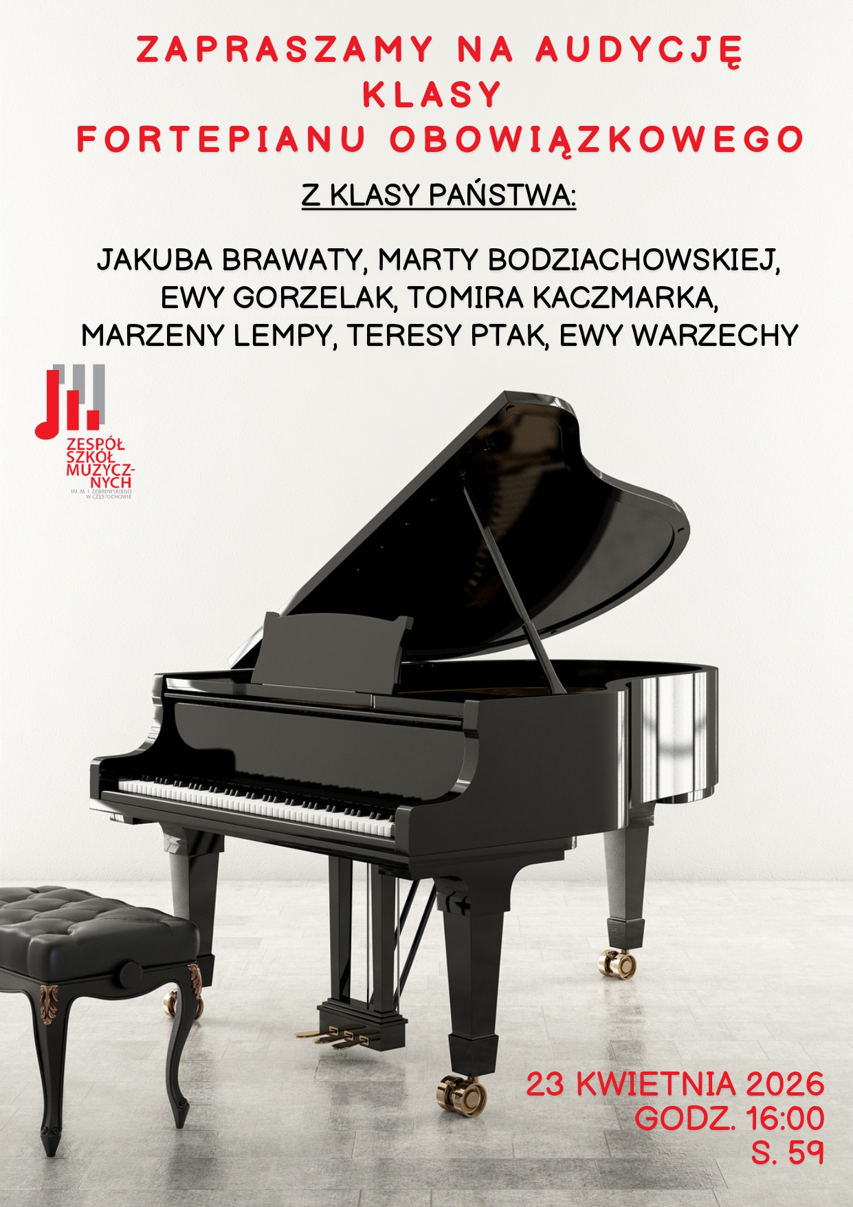 Tło zdjęcie fortepianu, logo szkoły, tekst dotyczący popisu klasy fortepianu obowiązkowego, 23 kwietnia o godz. 16.00