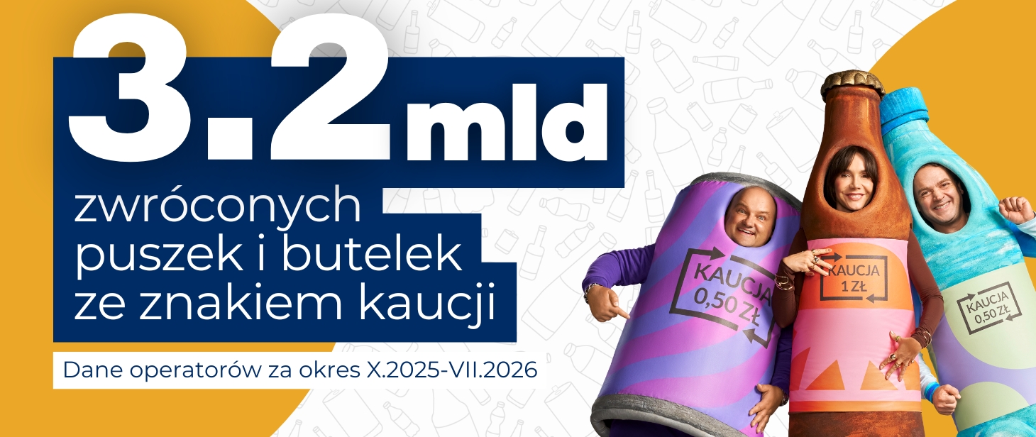 baner z napisem 3,2 mld zwróconych puszek i butelek ze znakiem kaucji. Dane operatorów za okres X.2025-VII.2026. Po prawej stronie widoczni są bohaterowie kampanii Zwrotomocni.