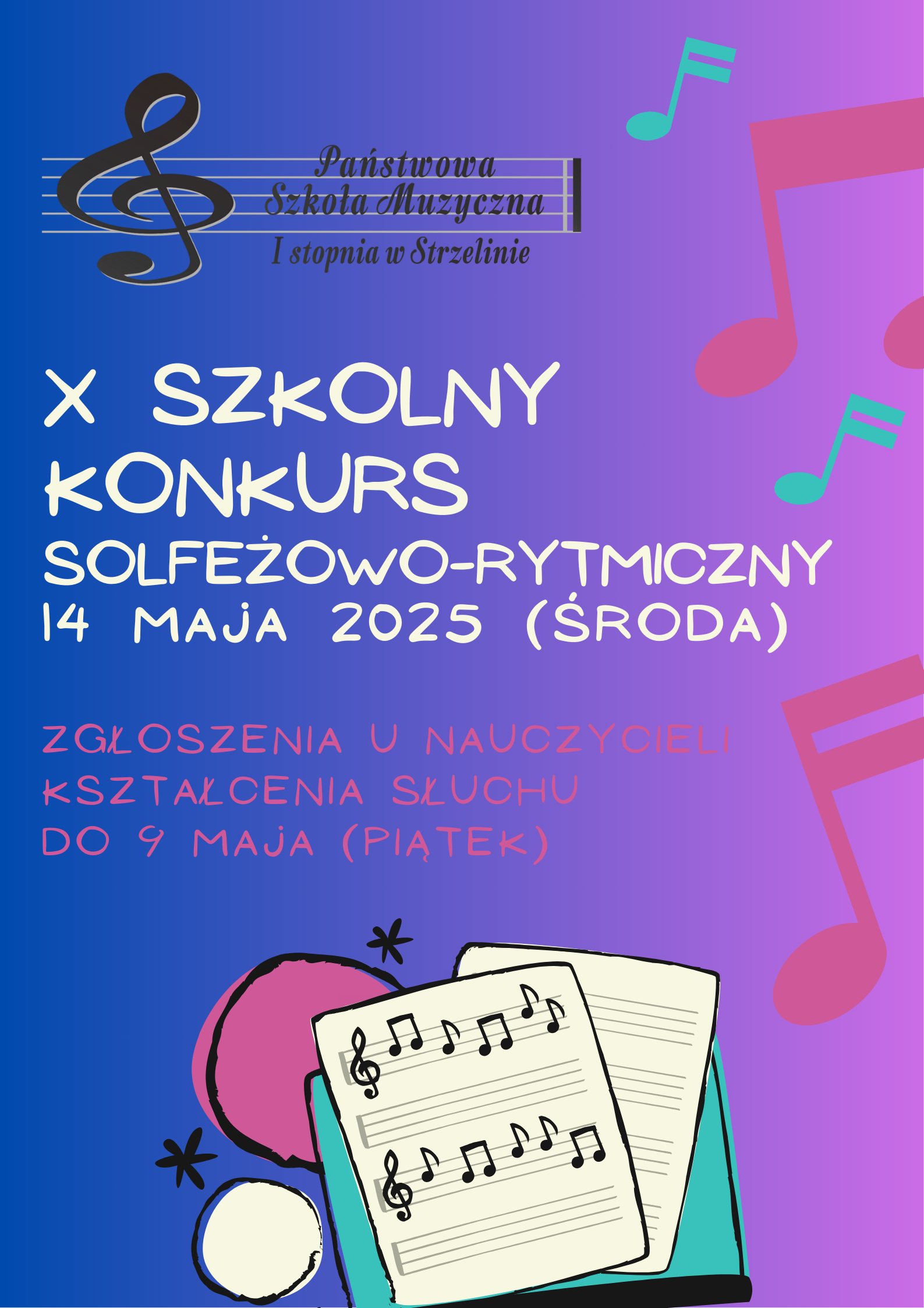 Na wielokolorowym tle znajdują się grafiki nut oraz informacje dotyczące wydarzenia.