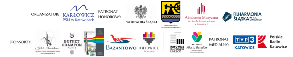 grafika przedstawiająca logotypy organizatora, patronów i sponsorów pierwszego śląskiego festiwalu klarnetowego
