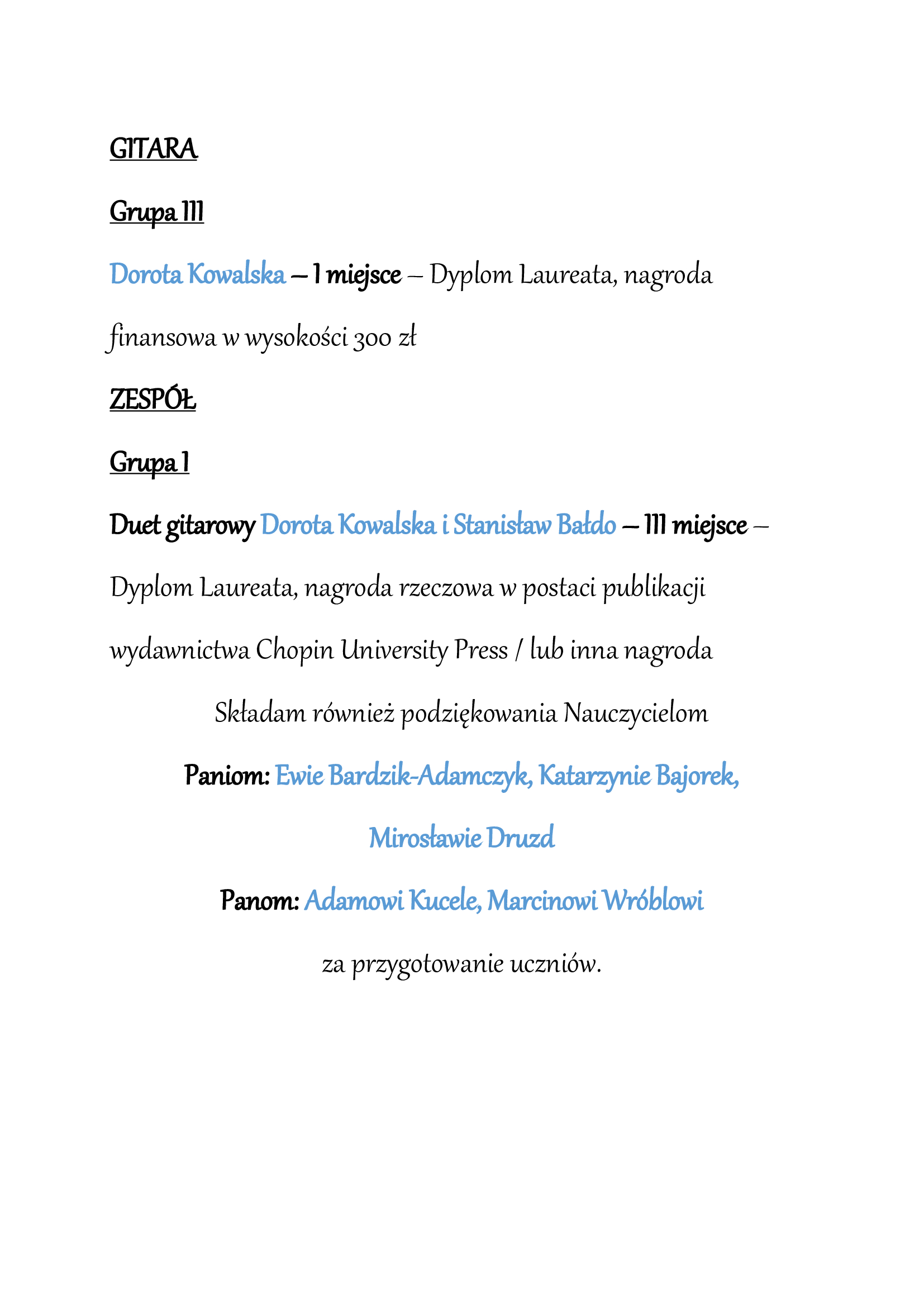 Podziekowania dla uczniów i nauczycieli z osiąnięcia w konkursie on line.