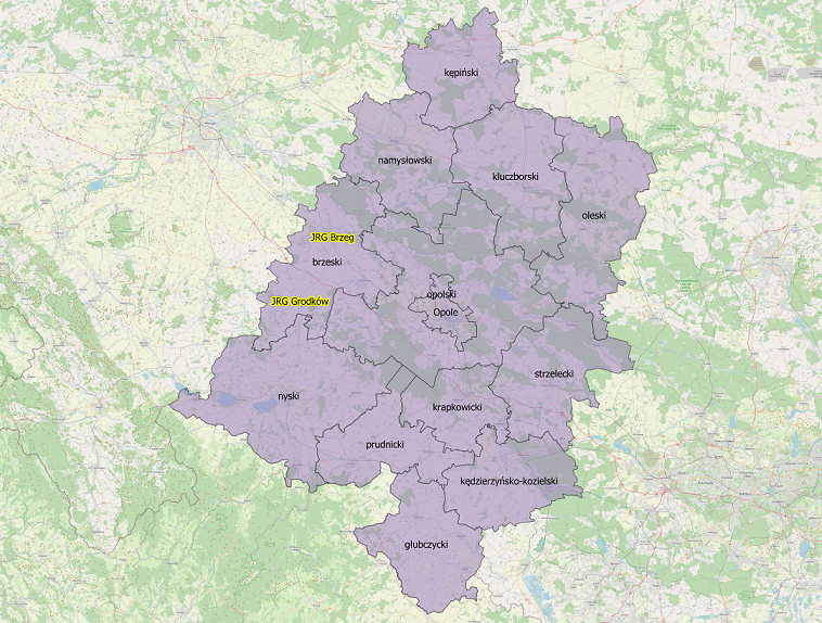 Mapa obszaru chronionego przez SGPR „Brzeg” w poziomie gotowości „A” - teren województwa opolskiego oraz powiat kępiński (woj. wielkopolskie).