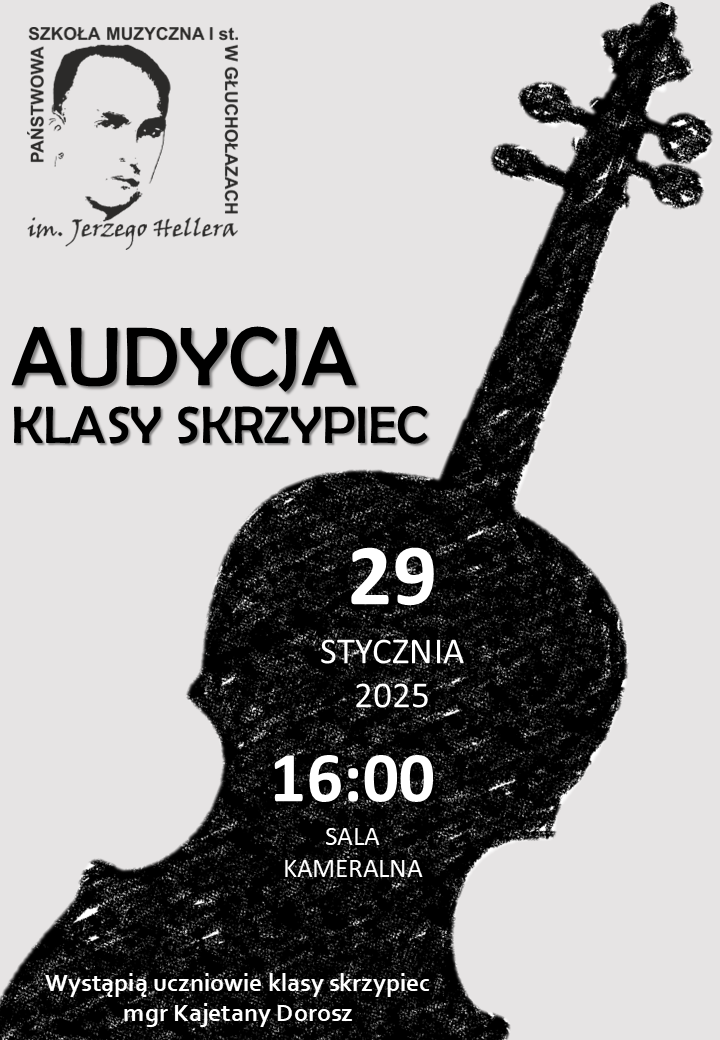 Plakat jasnoróżowe tło w lewym górnym rogu logo szkoły według ustalonego znaku w kolorze czarnym napisał edycja klasy skrzypiec po przekątnej na całości plakatu Rysunek węglem przedstawiający kształt skrzypiec bądź wiolonczeli na tym biały napis 29 stycznia 2025 16:00 sala kameralna występ Uczniowie klasy skrzypiec magister Kajetany Dorosz