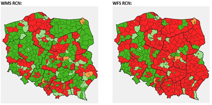 mapy prezentujące stan zgłoszonych usług WMS i WFS RCN