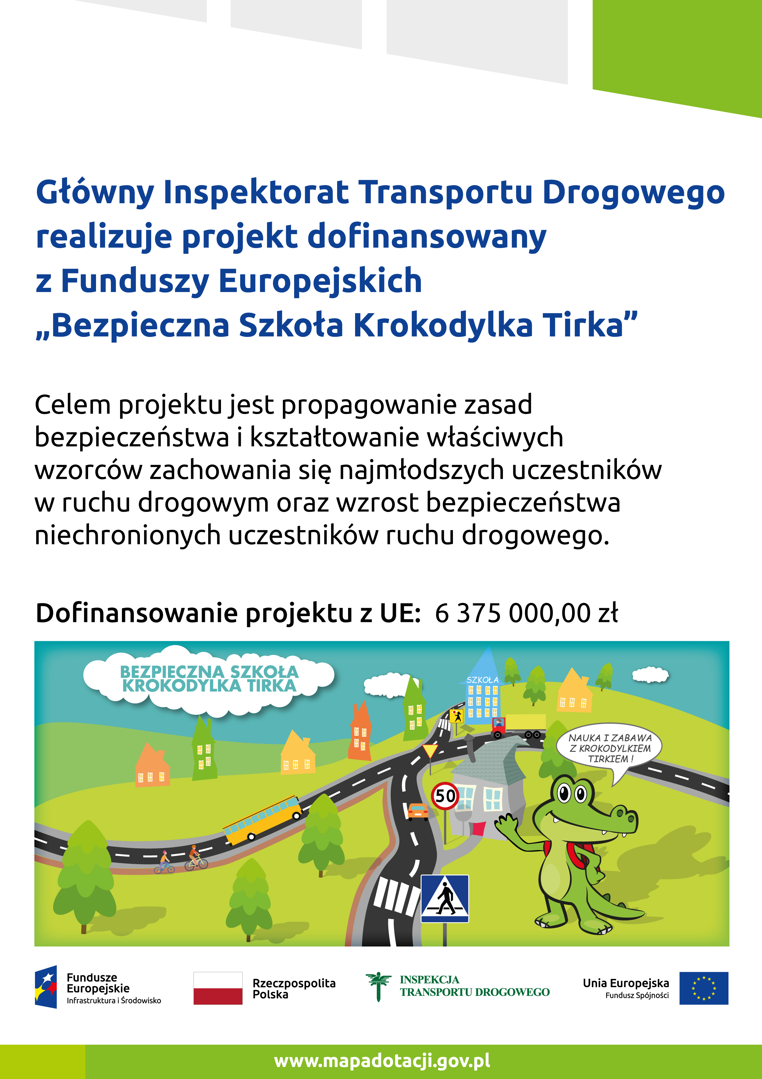 plakat informujący o dofinansowaniu projektu Bezpieczna szkoła Krokodylka z Funduszy Europejskich, w wyskości 6 375 000zł, na plakacie grafika projektu krokodylek Tirek na tle drogi, pod spodem logotypy Fundusze Europejskie Rzeczpospolita Polska Inspekcja Transportu Drogowego Unia Europejska