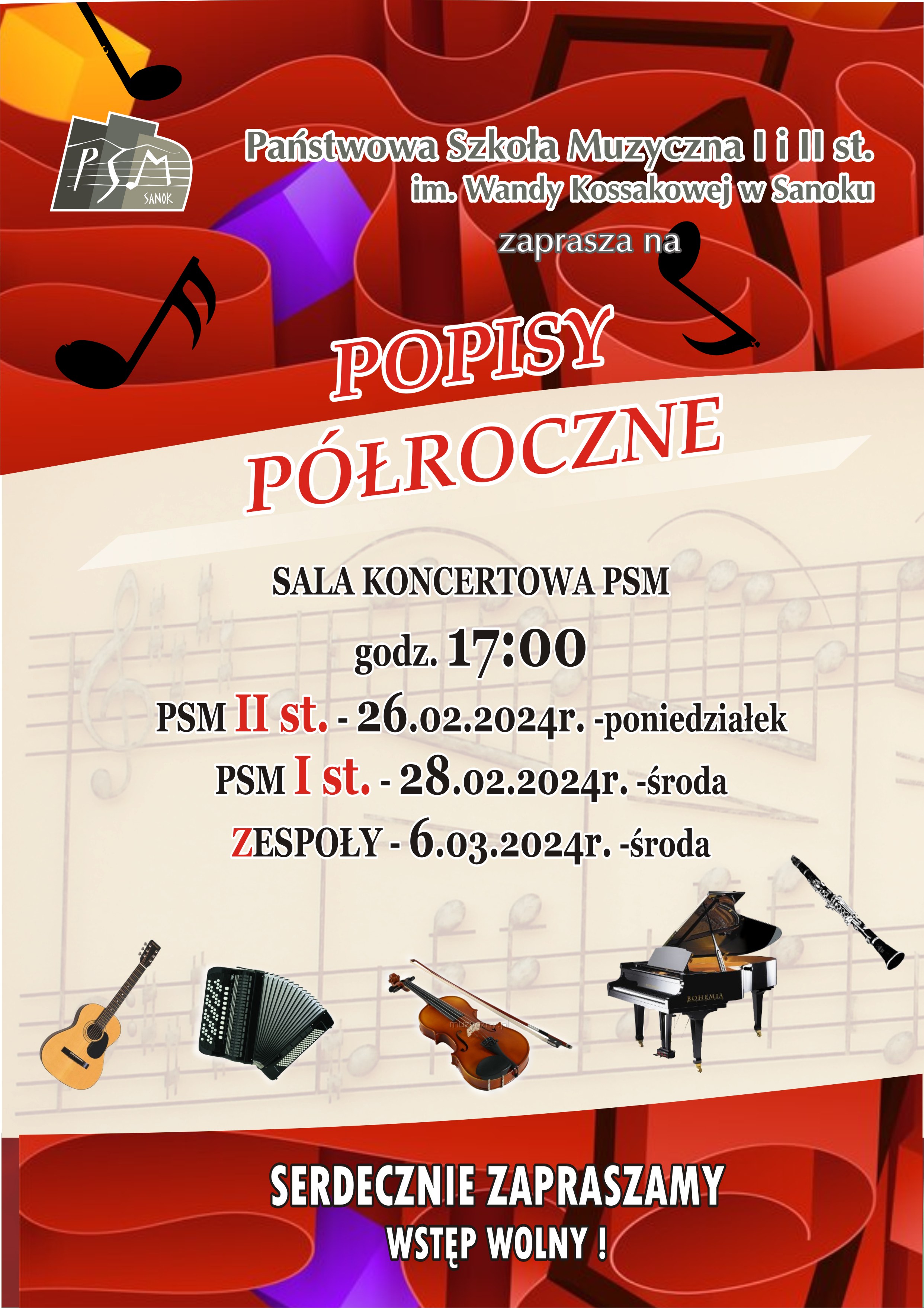 Plakat Popisu Półrocznego uczniów PSM I i II st. w Sanoku - 2024r. W tle instrumenty, nuty w czerwonym i beżowym kolorze. Daty i godziny koncertów.