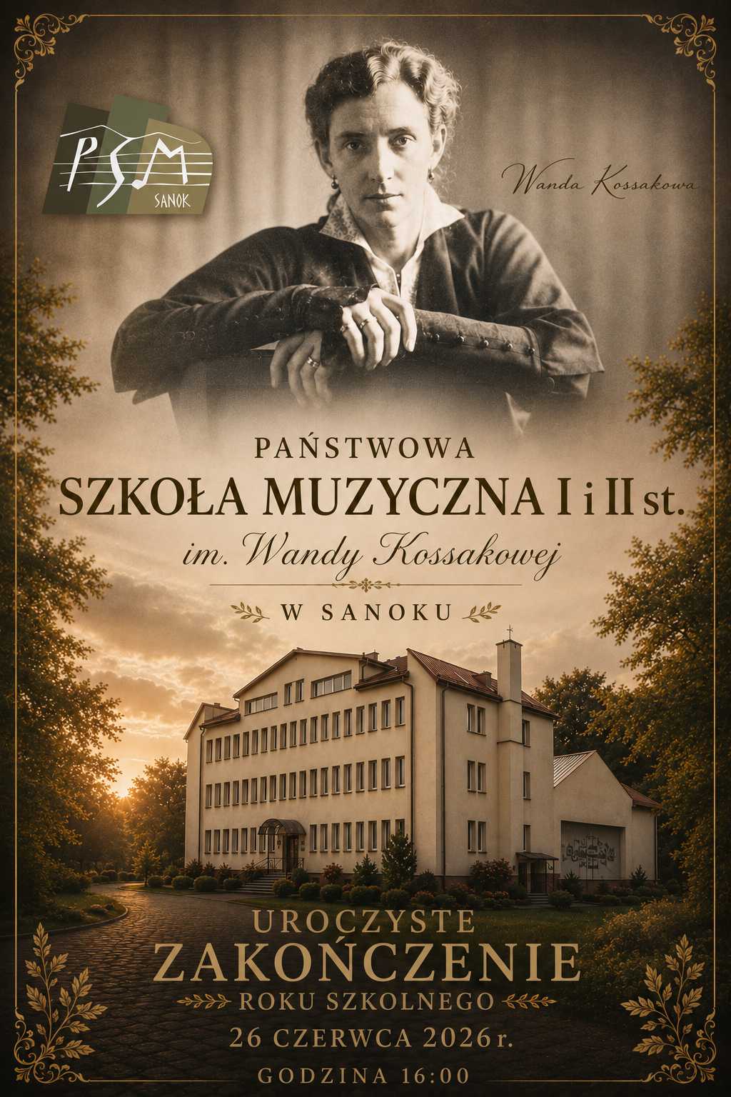 Plakat zakończenie roku szkolnego 2025-26. Brązowe kolory, w tle Wanda Kossakowa i budynek szkoły