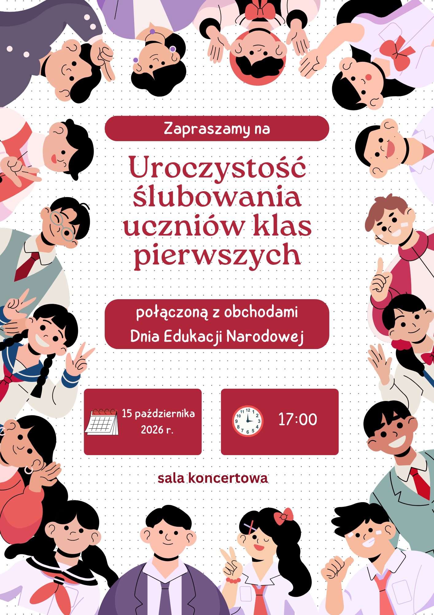 Plakat z grafiką dzieci z podniesionymi dłońmi w geście ślubowania