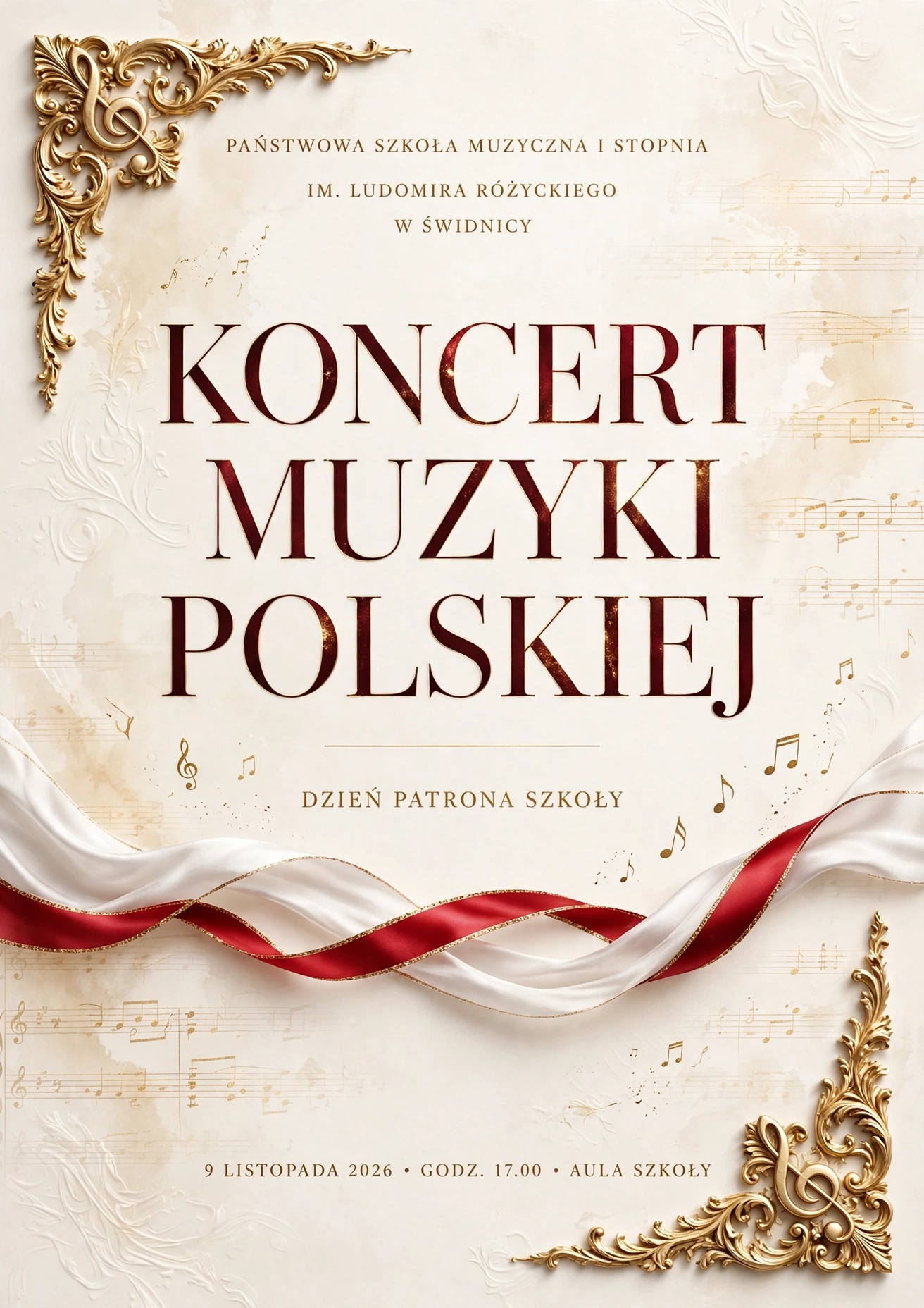 Tło plakatu w formie tłoczonego papieru ozdobnego w kolorze jasnobeżowym , w rogach ozdobne złocenia z kluczem muzycznym, na środku brązowy napis Koncert Muzyki Polskiej. Na dole szarfa białoczerwona .