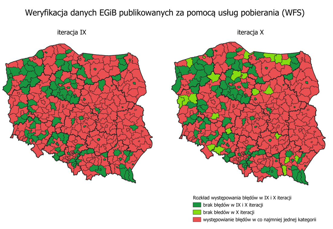 Mapa przedstawiająca rozkład błędów wykrytych w IX i X iteracji analizy danych ewidencji gruntów i budynków, publikowanych za pośrednictwem usług pobierania (WFS), z podziałem na powiaty.