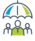 Ubezpieczenie grupowe: trzy postacie stojące pod parasolem. Obrysowane czarnym kolorem, dwie skrajne w kolorze białym, środkowa w kolorze zielonym. Parasol trzy kolorowy: niebiesko- biało zielony. 