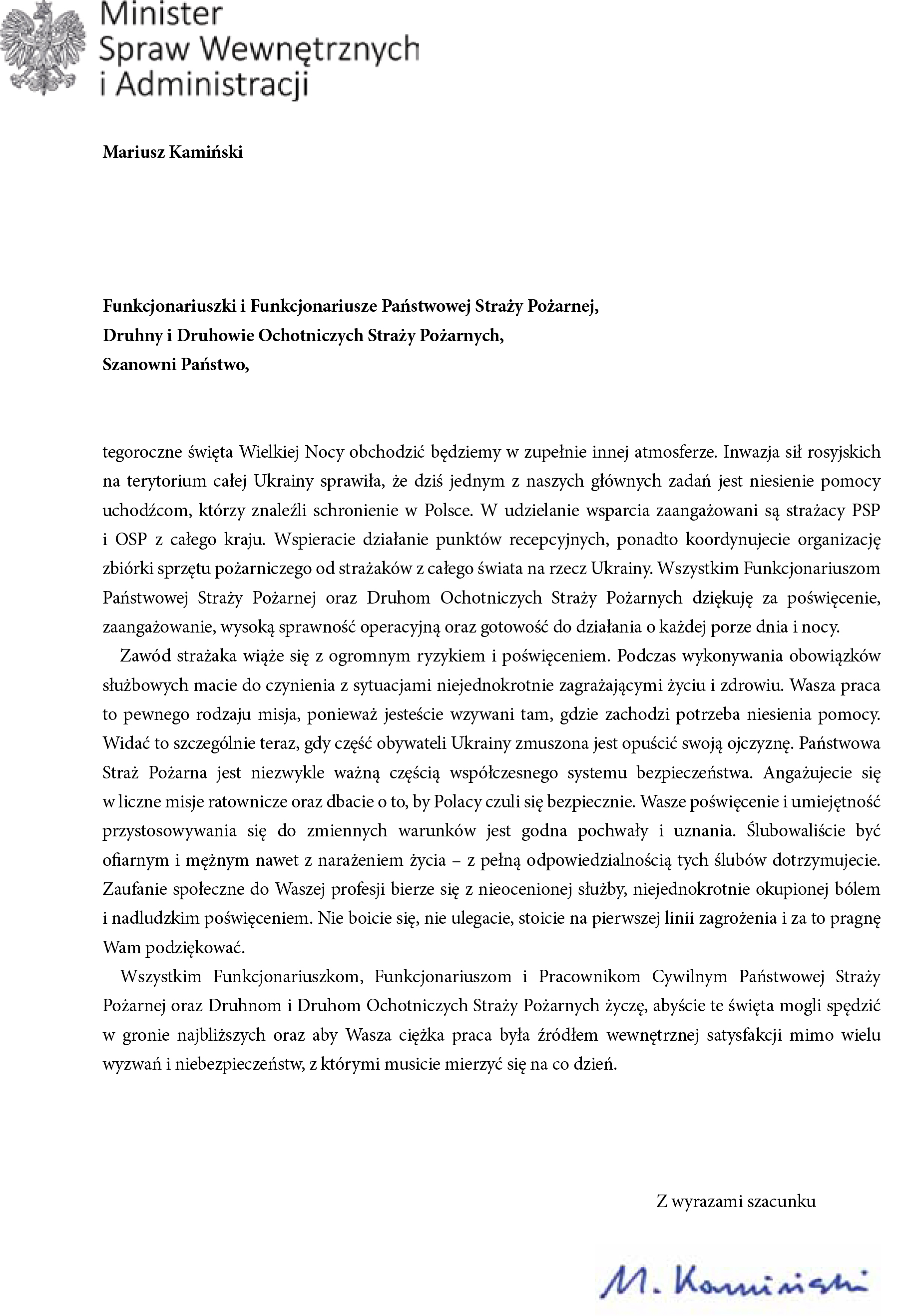 Życzenia Ministra Spraw Wewnętrznych i Administracji