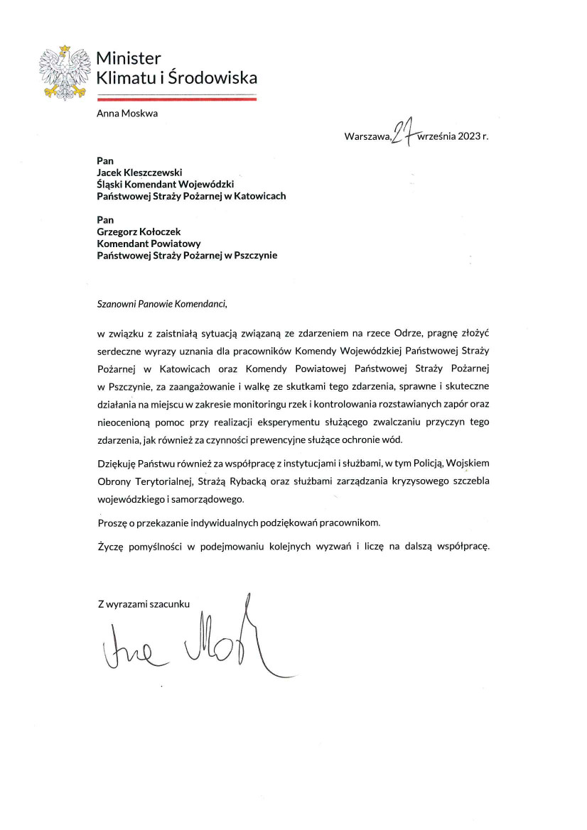 Podziękowania Minister Klimatu i Środowiska za działania n rzecze Odrze