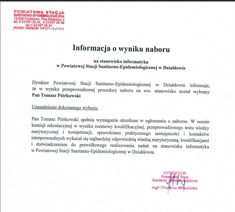 Informacja o wyniku naboru na stanowisko informatyka w Powiatowej Stacji Sanitarno-Epidemiologicznej w Działdowie z dnia 6.02.2024