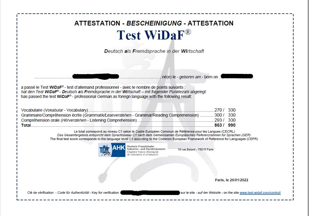 Certyfikaty egzaminu WiDaF - przykładowy certyfikat