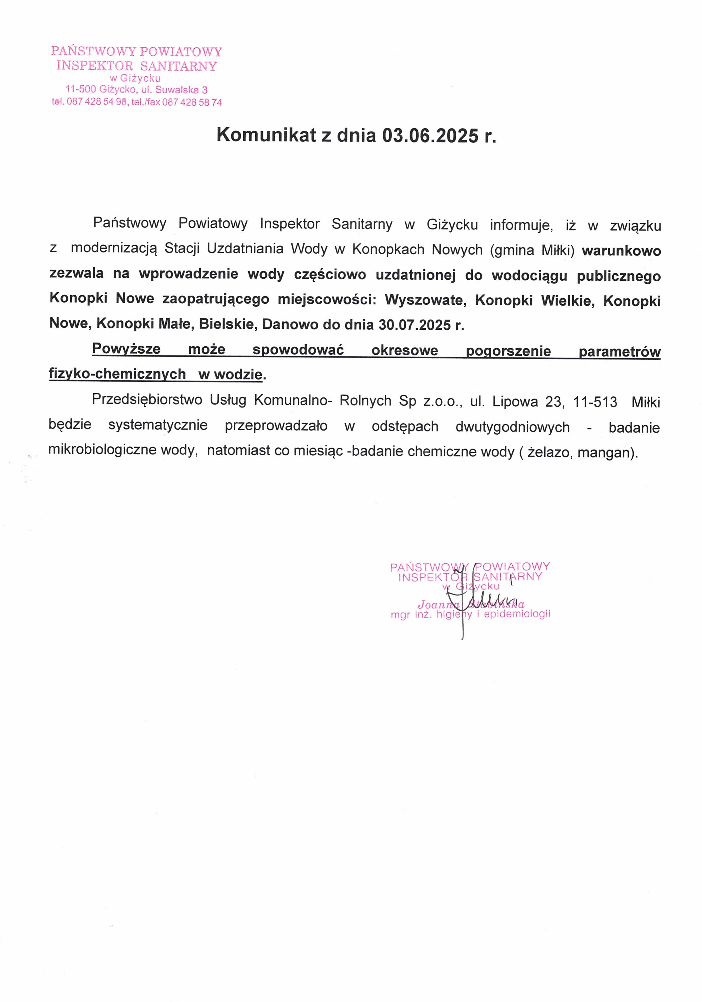 Komunikat z dnia 03.06.2025 r. (dot. Stacji Uzdatniania Wody w Konopkach Nowych)
