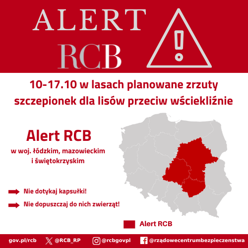 Alert RCB dotyczący zrzutu szczepionek dla lisów przeciw wściekliźnie z 9 października 2025. Na czerwono zaznaczono obszar alarmowania (woj. łódzkie, mazowieckie, świętokrzyskie).