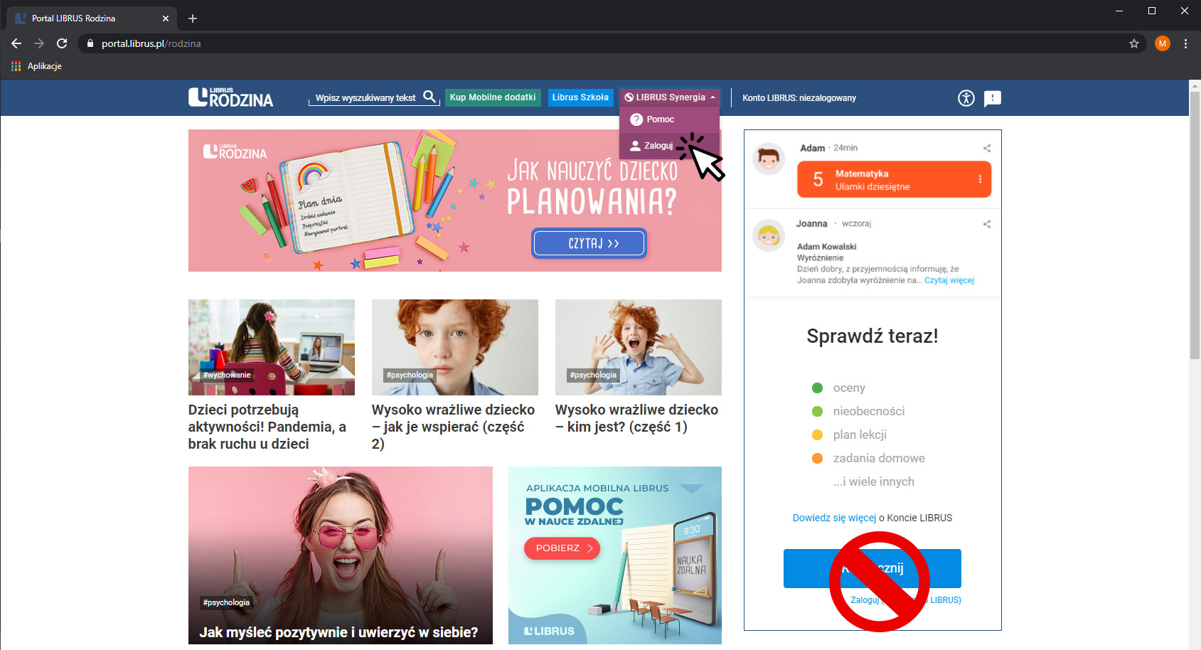 Obraz przedstawiający zrzut ekranu strony internetowej portal.librus.pl/rodzina, na której widoczne są kafelki z twarzami dzieci i rodziców. W górnej częścistrony znajduje się widoczna duża strzałka wskazująca na napis Librus Synergia Zaloguj.