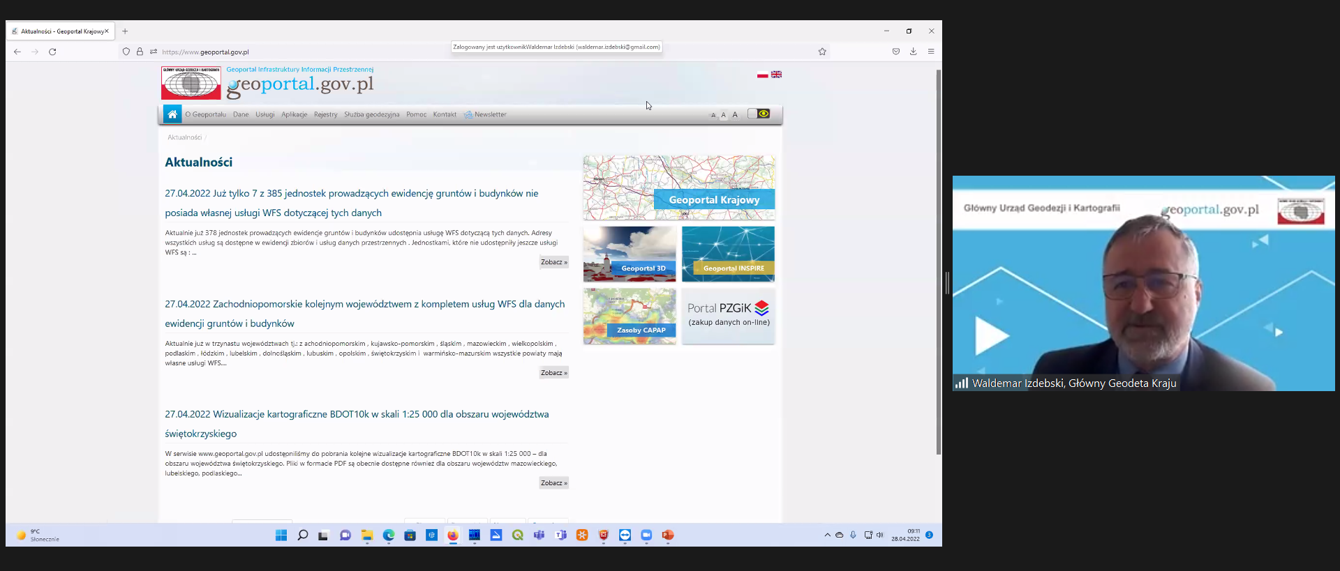 Zrzut ekranu z programu ZOOM. Po lewej widok na stronę geoportal.gov.pl, a po prawej rozpoczynający szkolenie Główny Geodeta Kraju - dr hab. inż. Waldemar Izdebski.