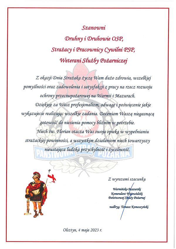 Życzenia Warmińsko Mazurskiego Komendanta Wojewódzkiego PSP z okazji Dnia Strażaka