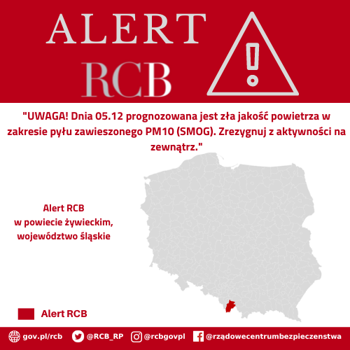 Alert RCB – 5 grudnia, smog w powiecie żywieckim