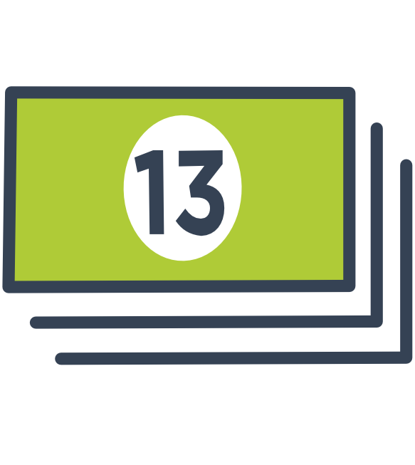 13sta pensja: zielone banknoty leżące jeden na drugim z cyfrą na środku banknotu z cyfra 13 w kolorze czarnym w okręgu na białym tle. 