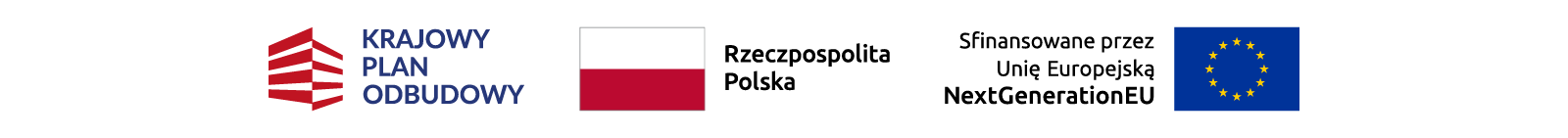 Logotypy: Krajowy Plan Odbudowy (biało-czerwone pasy) , Rzeczpospolita Polska (flaga Polski), Sfinansowane przez Unię Europejską NextGenerationEU (flaga Unii Europejskiej)