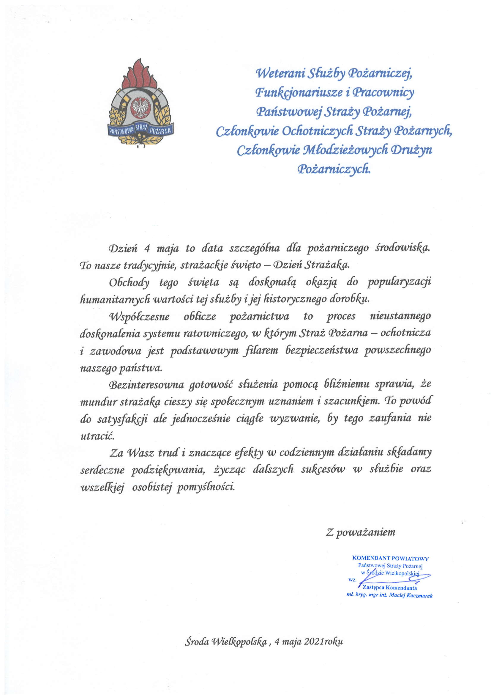Życzenia Komendanta Powiatowego PSP z okazji Dnia Strażaka
