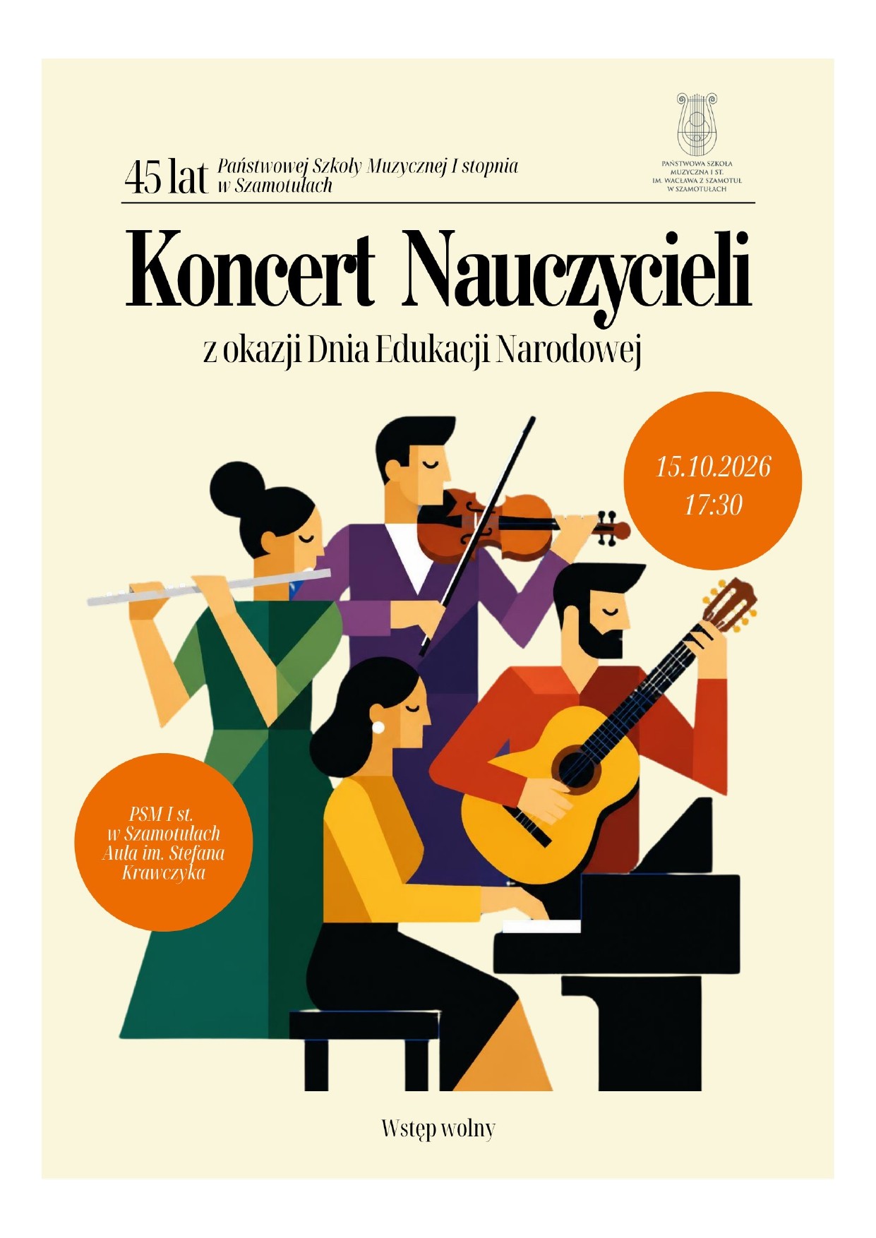 Plakat przedstawiający postaci grające na różnych instrumentach w kolorze zielonym fioletowym, czerwonym oraz zółtym. Instrimenty to flet fortepian,skrzypce i gitara. Nad postaciami informacja o dniu i godzinie koncertu