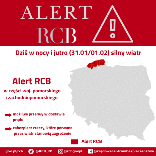 Alert RCB – silny wiatr (31.01/01.02). 
