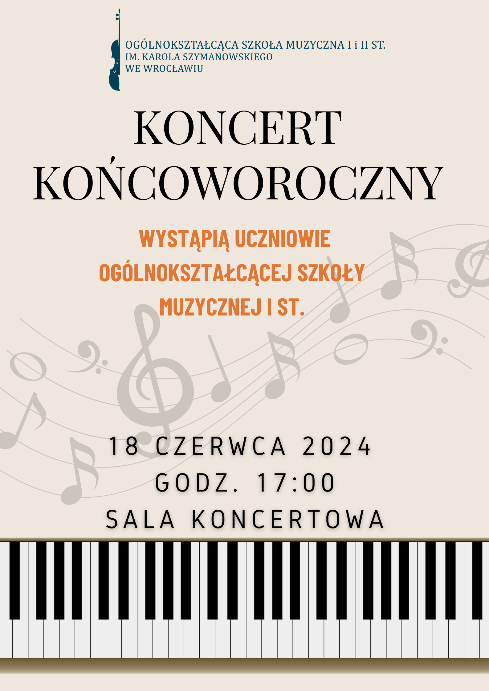kolorowy plakat zawierający logo szkoły i element graficzny klawiaturę fortepianu
