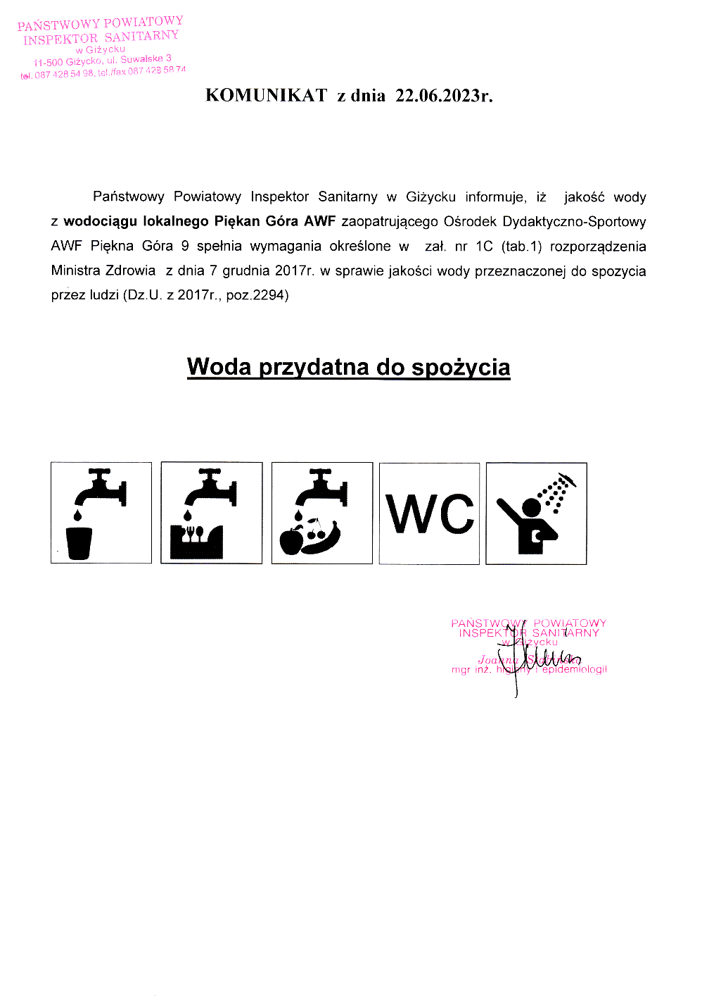 Komunikat z dnia 22.06.2023 r. (dot. wodociągu lokalnego Piękna Góra AWF)