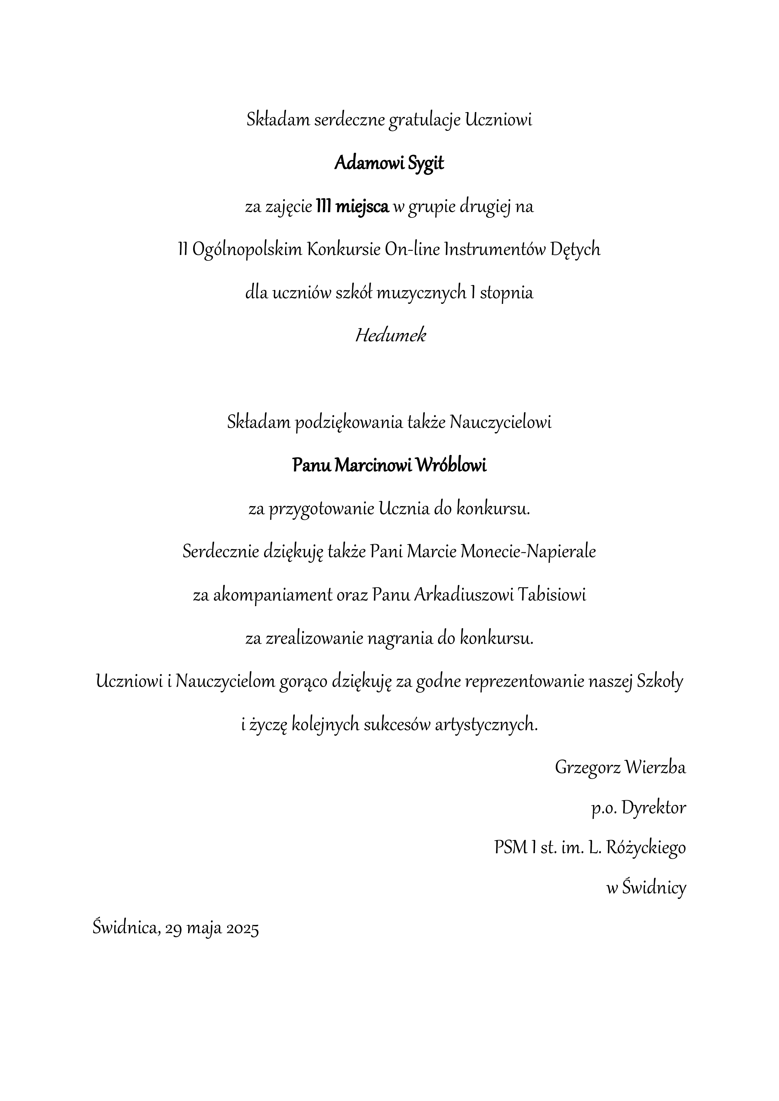 Podziekowania napisane ozdobną czarną czcionką na biały tle.