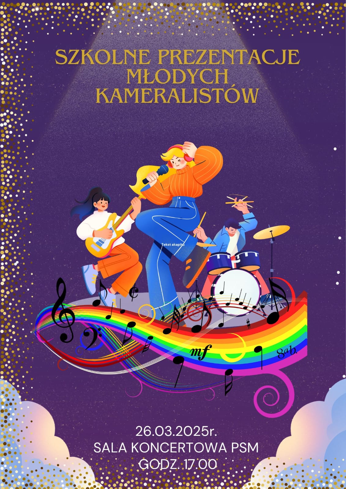 Kolorowy plakat z szczegółową informacją dotyczącą szkolnych prezentacji młodych kameralistów, które odbędą się 26 marca 2025 w sali koncertowej PSM, wraz z grafiką ludzi grających na instrumentach