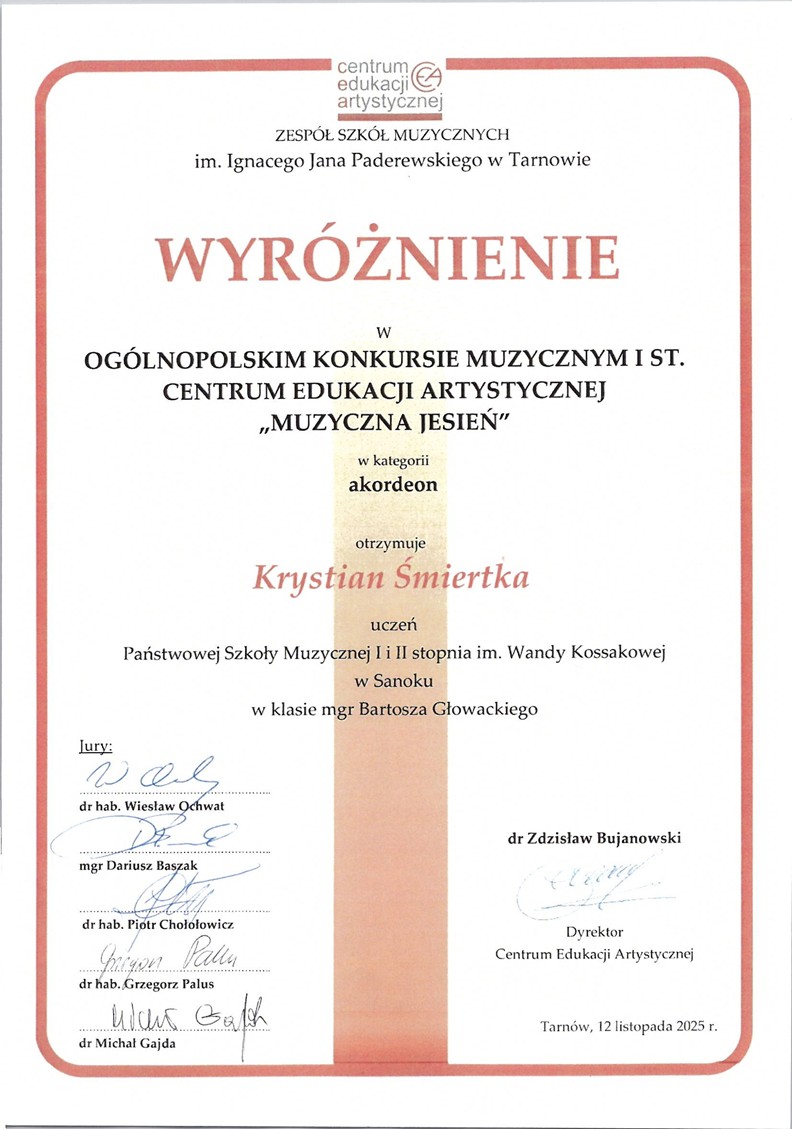 Dyplom wyróżnienie w Ogólnopolskim Konkursie Muzycznym I st. CEA Muzyczna Jesień. Białe tło, pomarańczowe litery.